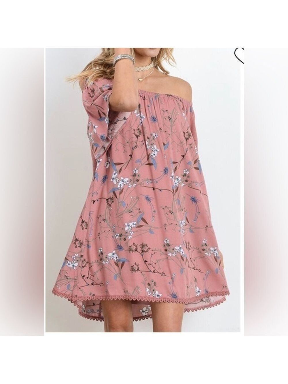 JODIFL pink floral off the shoulder swing dress size large nwt